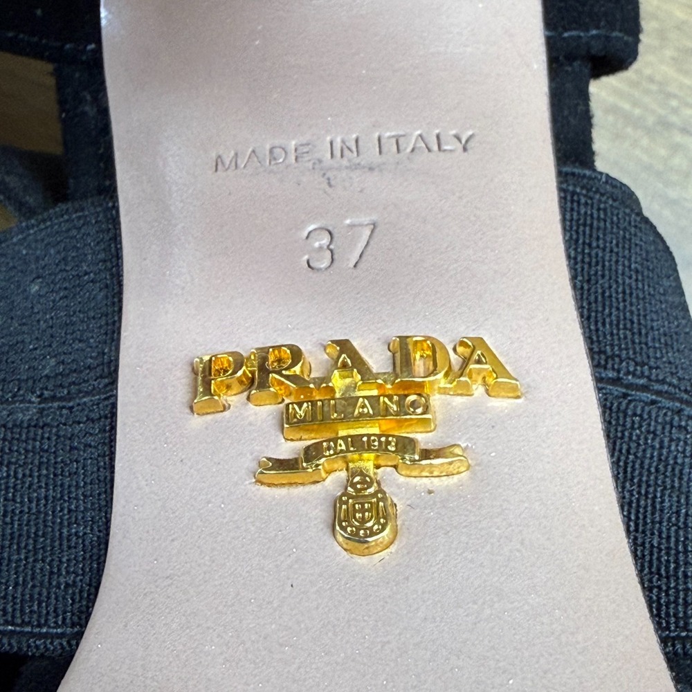 PRADA Strappy Heels Square Toe 7 EU 37 Black Suede Stretch Sandals - Picture 10 of 10